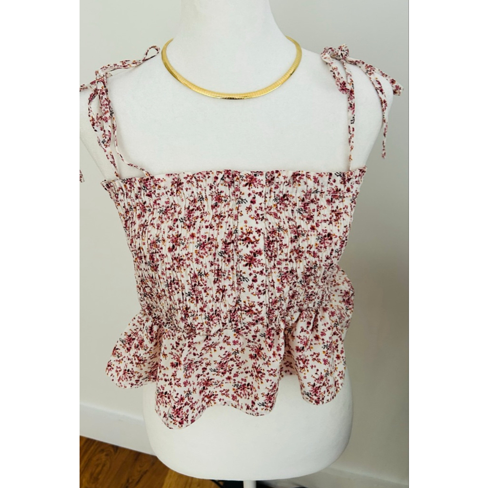 Women's Paper Crane Cream Burgundy Floral Smocked Peplum Crop Top M - Picture 2 of 7